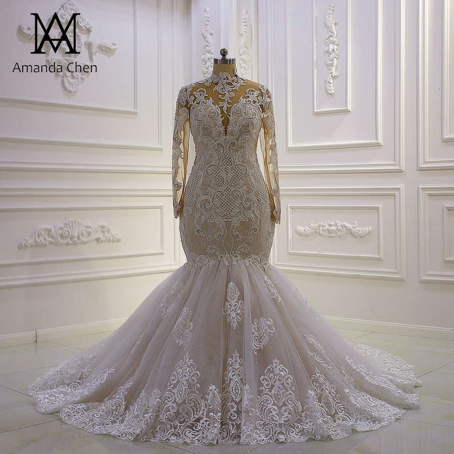 vestido novia civil High Neck Long Sleeve Lace Appliques Mermaid Wedding dress