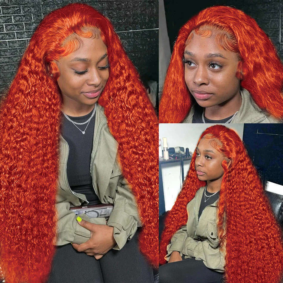 Inch x Orange Ginger Curly Lace Frontal Human Hair Wig Density Deep Wave Front Wigs For Women