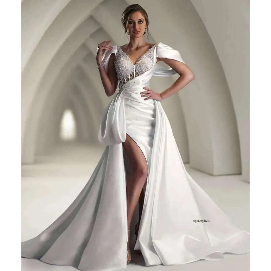 Elegant Mermaid Prom Dresses Sleeveless V Neck Off Shoulder Appliques Sequins Or Length Celebrity Side Slit Evening Dress Bridal Gowns Plus Size Custo