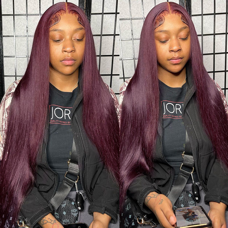 13X6 13X4 Frontal Bone Straight Bury For Women 99J Colored Transparent Lace Front Human Hair Wigs