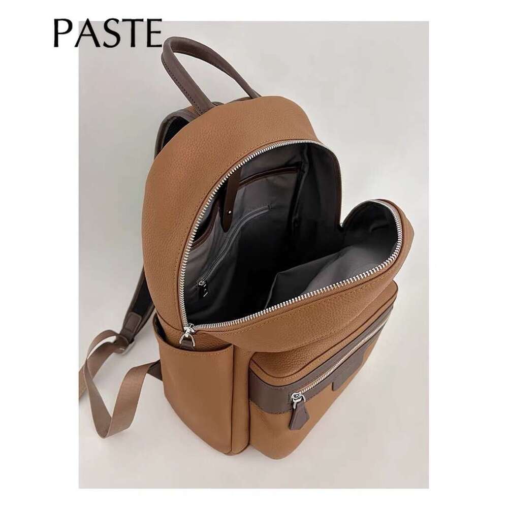 New Natural Cowskin 100% Genuine Leather Women Backpack 2024 Beige Hit-Color Large Capacity Shoolbag For Laptop College Girl
