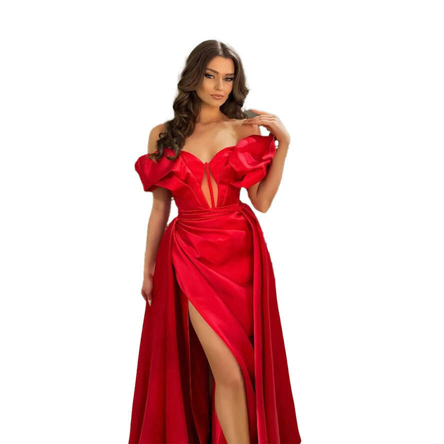 Sexy Red Plu Size A E Prom Dree Long For Women Off Shoulder V Neck Satin Pleat Sweep Train High Side Split Birthday Evening Party Celebrity Pageant 04
