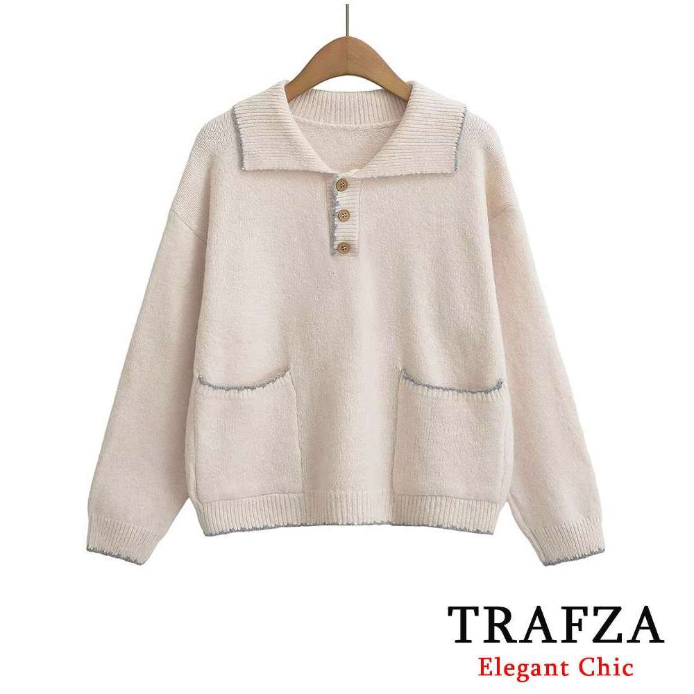 TRAFZA Women Fashion Knitted Lapel Pockets E Decoration New 2024 Spring Fall Simple Casual Sweater