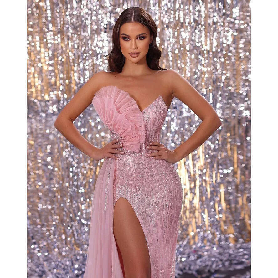 Evening Strapless Elegant Side Split Prom Gowns Sequins Sleeveless Rhie Custom Made Formal Party Dresses 0417