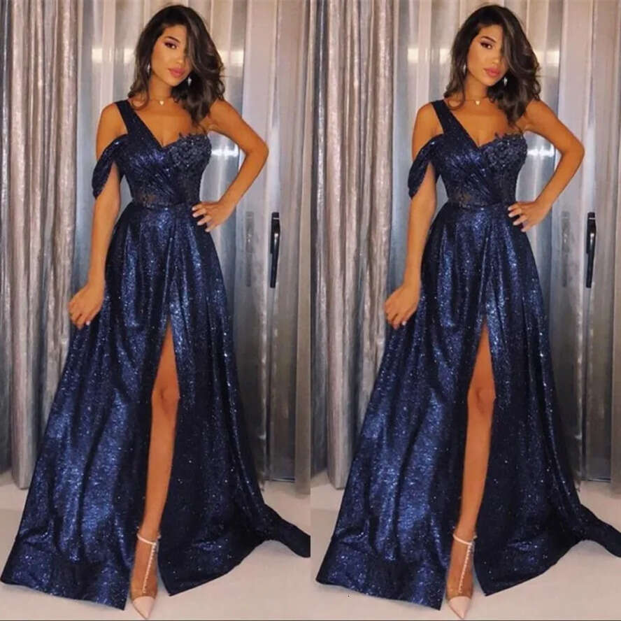 Dark Navy Sequins One Shoulder A E Long Prom Dresses Ruched Split Or Length Middle East Formal Party Evening Gowns