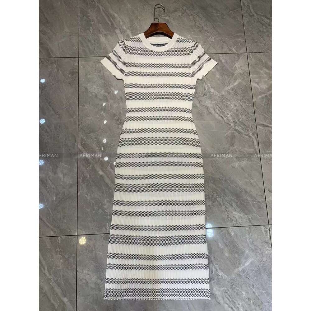 Women Striped Round Neck Short Sleeve Ribbon Knit Maxi Dress