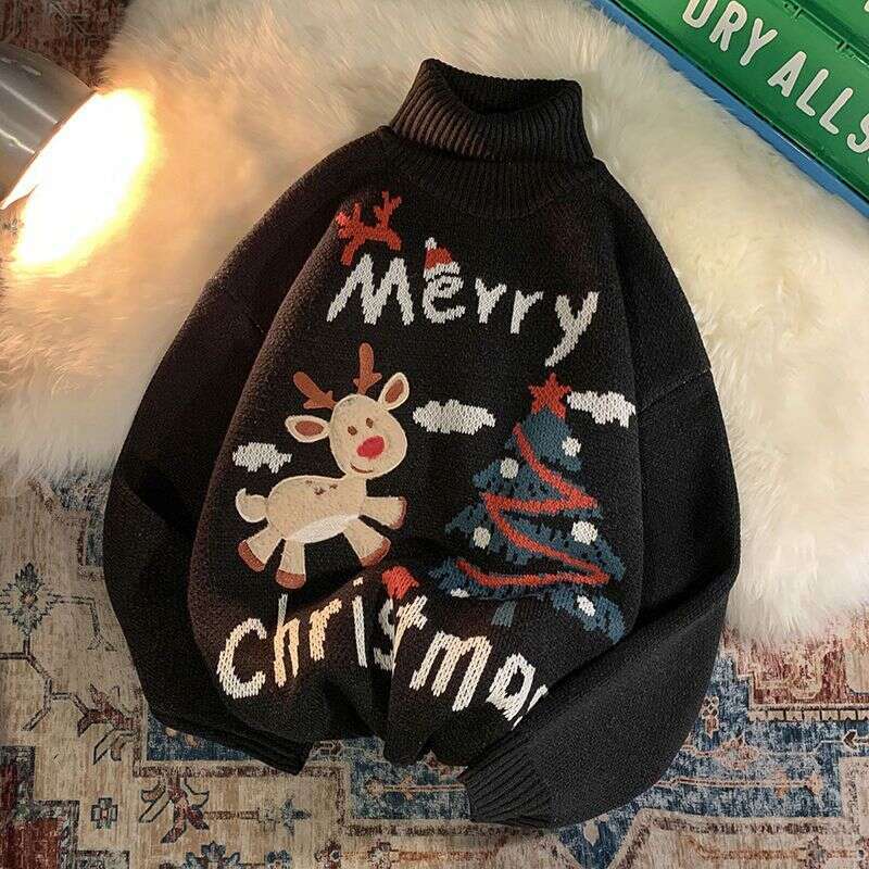 2023 Y2k Elk Turtleneck Christmas Women's Winter Thickened Couple Outfit Trend Lazy Style Versatile Knitwear Sweater