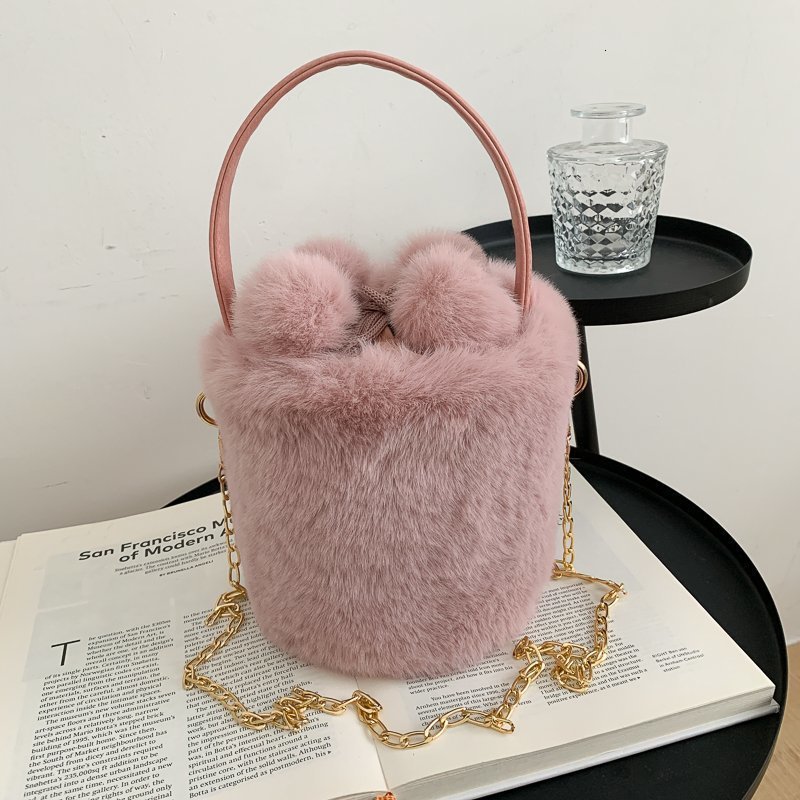 DHXJ Plush style drawstring anti-theft wool ball one shoulder crossbody handbag fashionable womens bucket bag 240820