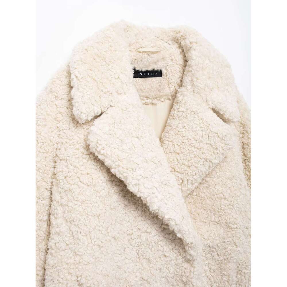 TRAFZA Women Fashion Lapel Solid Mid-Long With Ed New 2024 Fall Winter Elegant High Street Fleece Coat