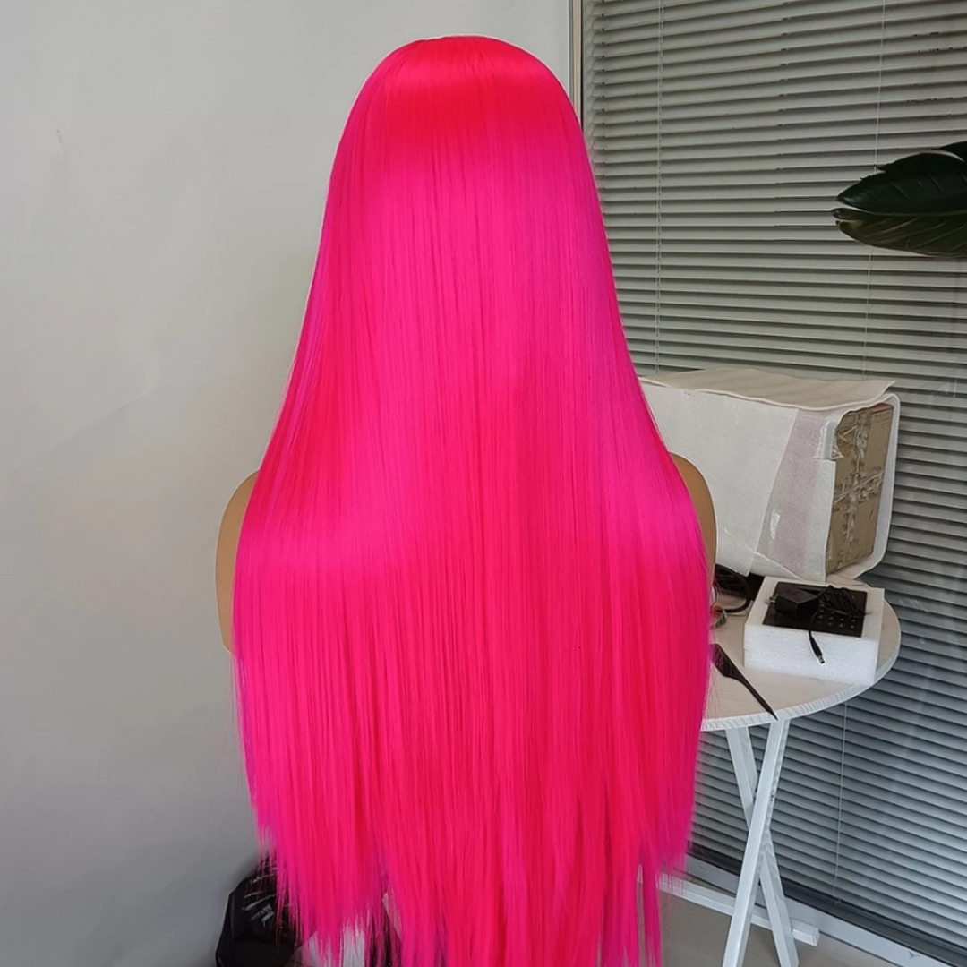 RDY Hot Pink Front Wig Long Straight Hair Frontal Rose Red Synthetic Lace Wigs for Women Daily Glueless Natural Haire