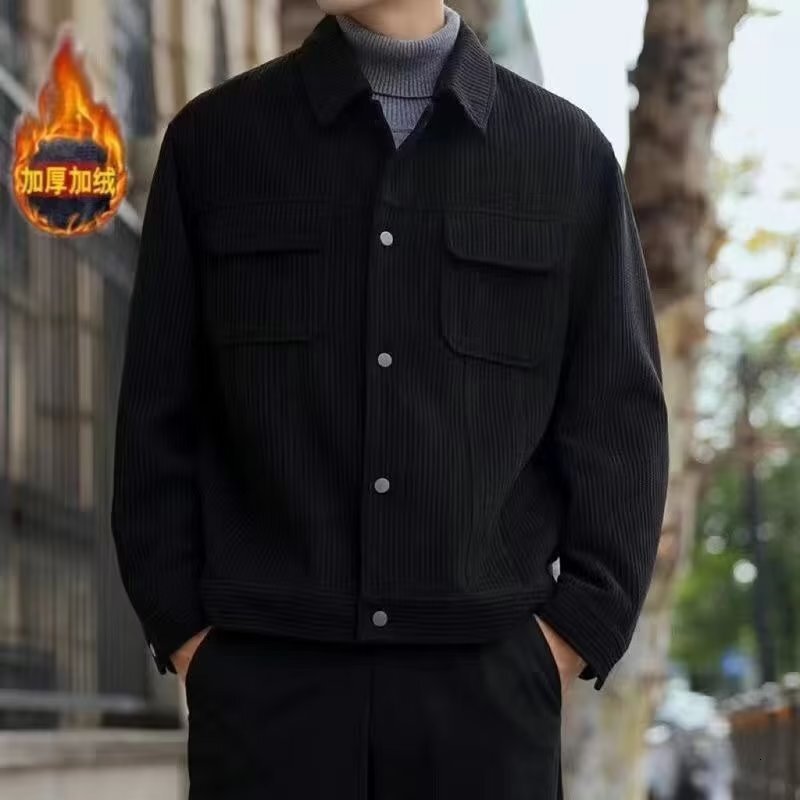 2024 new designer autumn and winter casual corduroy workwear with lapel, Korean fashion men's plush thick jacket