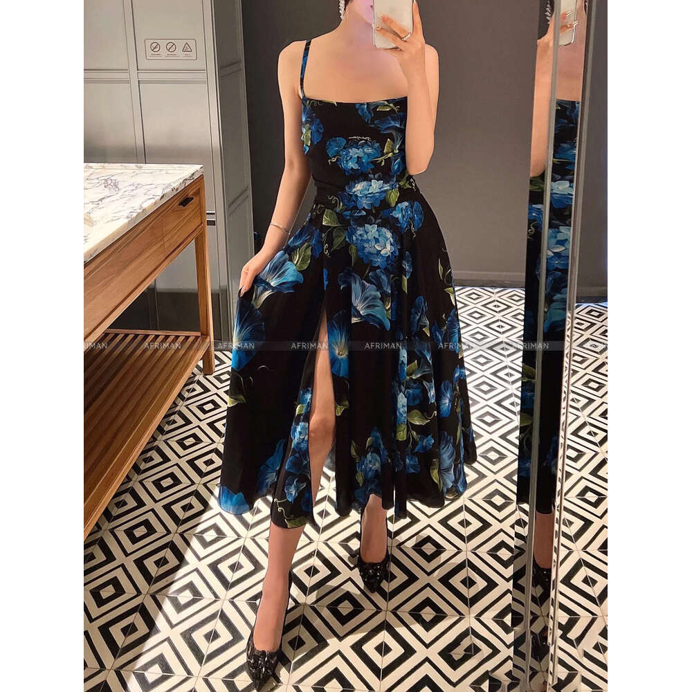 Women Blue Morning Glory Hyacinth Positioning Print Strapless Suspender High Waisted Dress