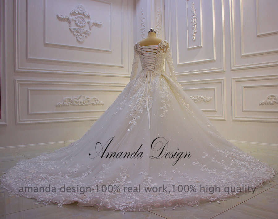 Amanda Design vestidos de novia Long Sleeve Lace Applique wers Wedding Dress for Bride