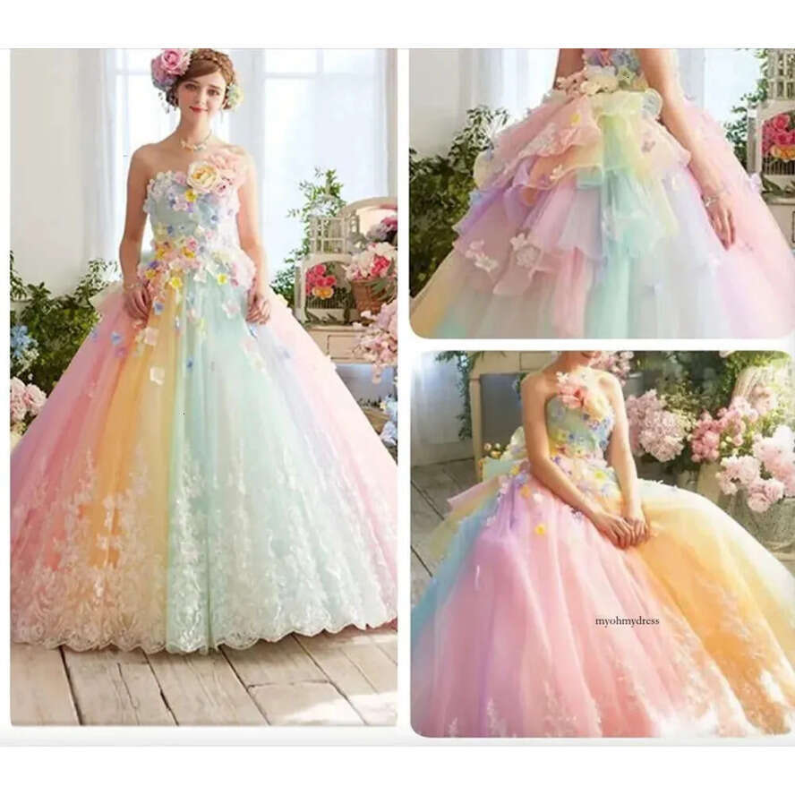 New Pretty Colorful Rainbow Tutu Prom Dresses 3D Wer Lace Puffy Ball Vestido Formatura Abiye Ruffles Evening Gowns 0431