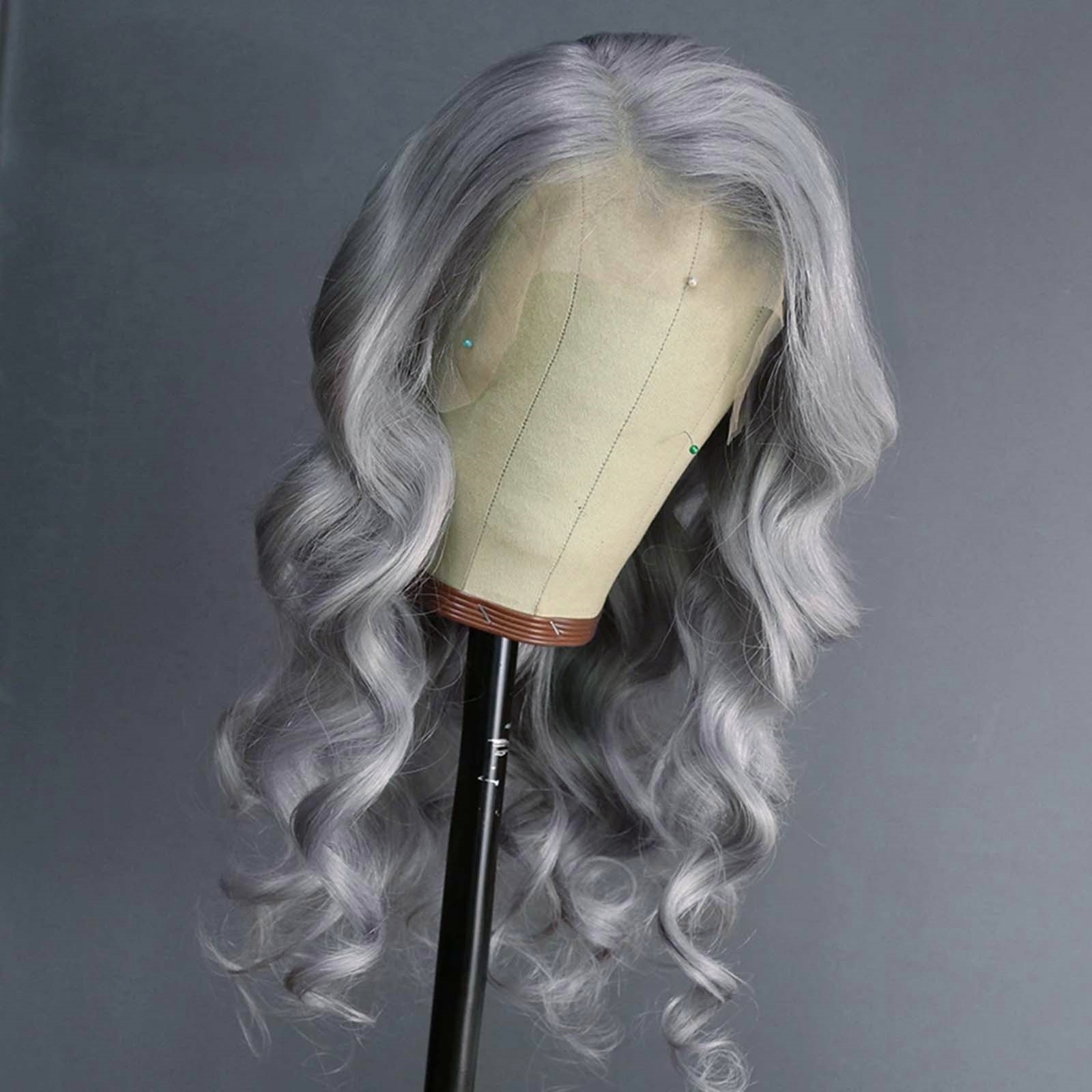 Front Synthetic Lace Glueless Wavy Sier Wig Body Wave Long Grey Hair Wigs for Women