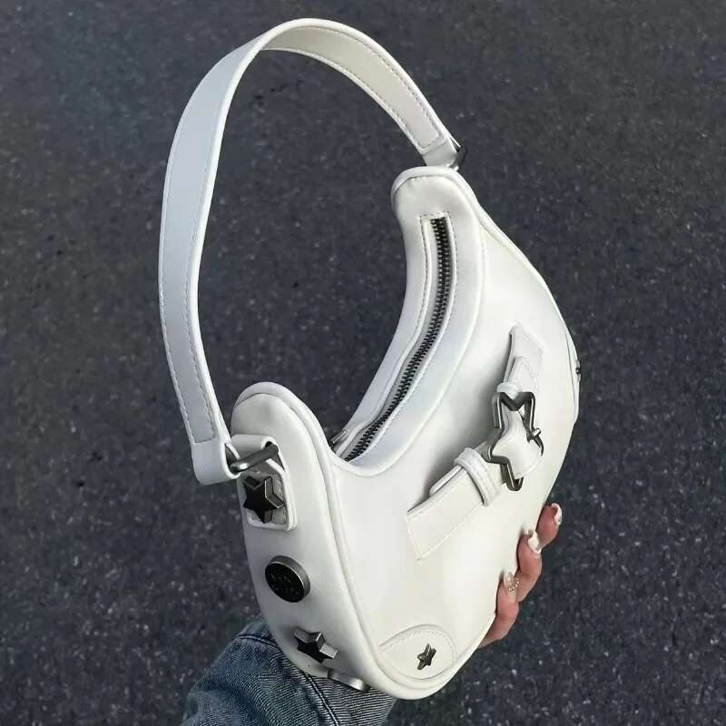 Vintage Korean Casual Cute White Star Shoulder Underarm Tote Bag Ladies Sg Bags Leather Zip Purses Handbags Women