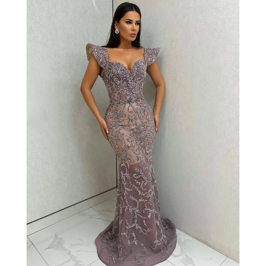 Mermaid Gorgeous Evening Elegant Capped Prom Dress Pleats Beaded Crystal Custom Made Formal Dresses For Women