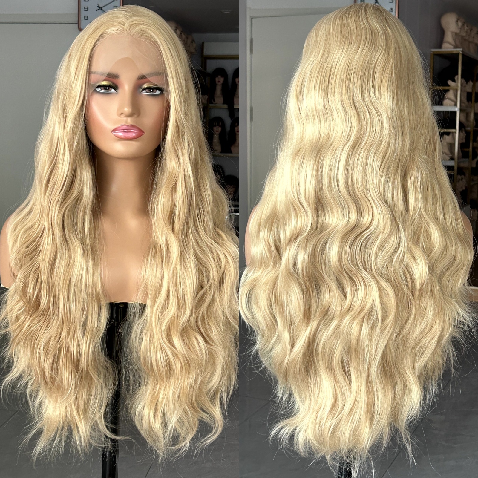Honey Blonde Highlights Synthetic Lace Front Wig Long Curly Wavy Body Wave Hair 13X4 Frontal Wigs for Women Daily Party