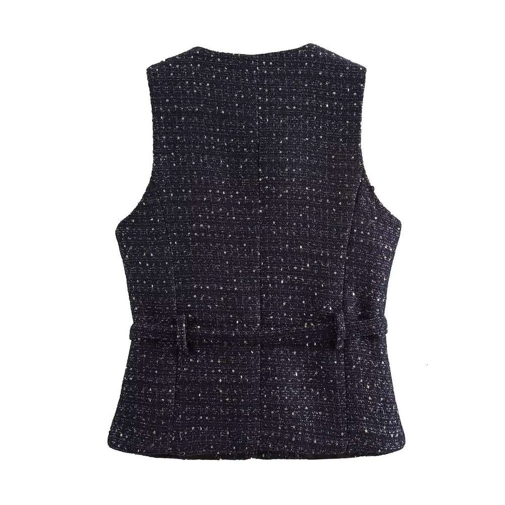 TRAFZA Belted Sequined O-Neck Gold-Color Button Jacket New 2024 Spring Fall Fashion Urban Elegant Slim Vest