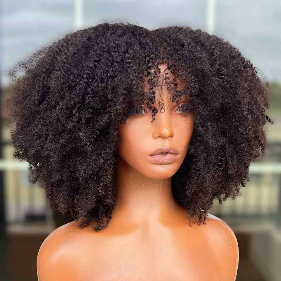 B C Afro Kinky Curly Wig with Bangs Human Hair Full Machine Made NON Lace Density Remy Brazilian Short Bob Wigs