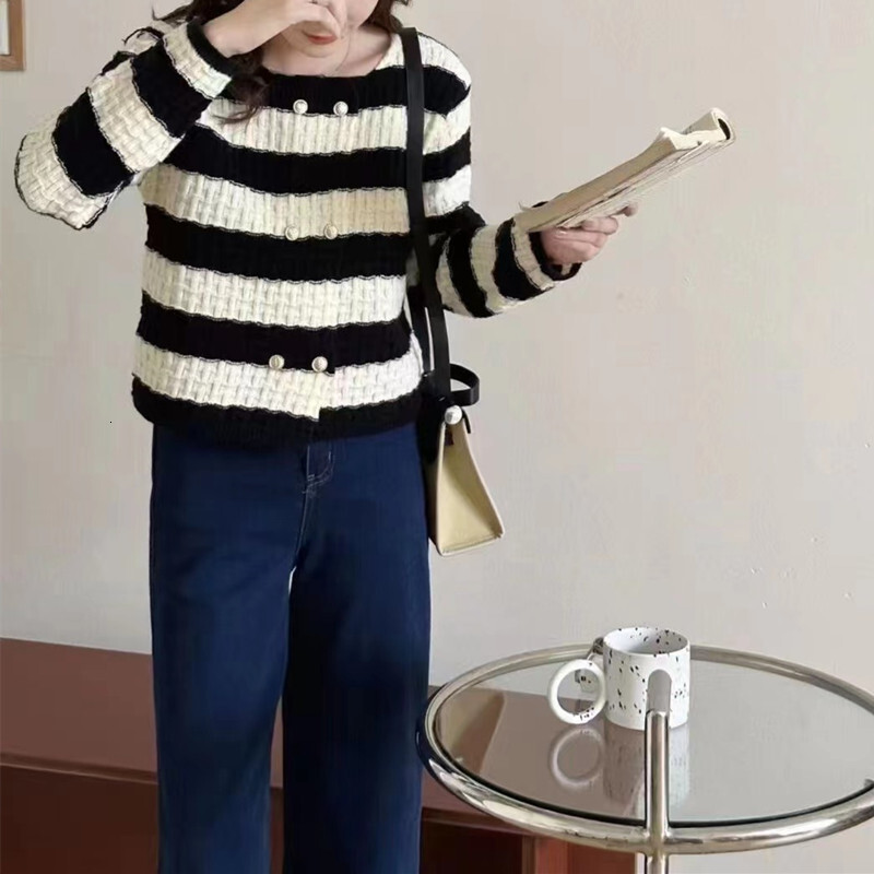 Autumn Winter New Korean Striped Round Neck Sweater Women French Soft And Sticky Double Breasted Versatile Knitted Cardigan For Women F1028#38
