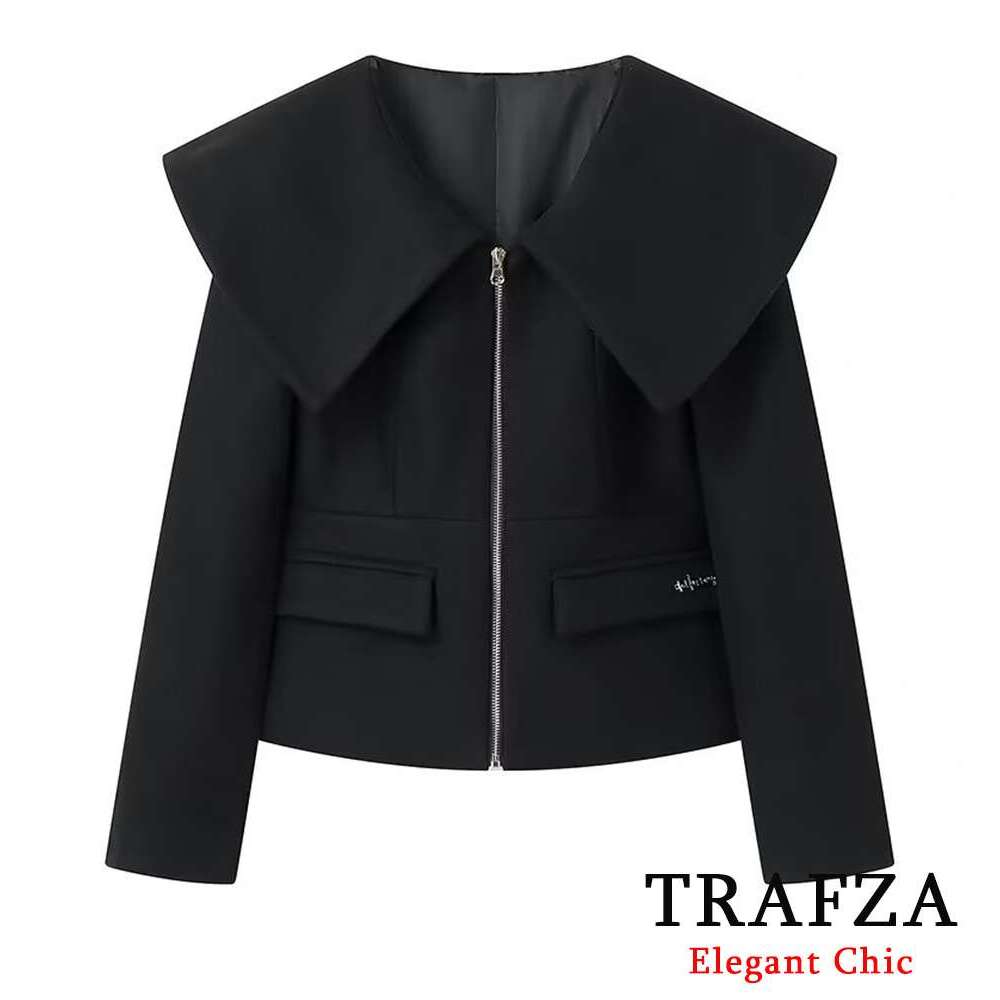 Trafza-Women Fashion Large Lapel Zipper Pocket New 2024 Autumn Winter High Street Elegant Y2k Female Jacket