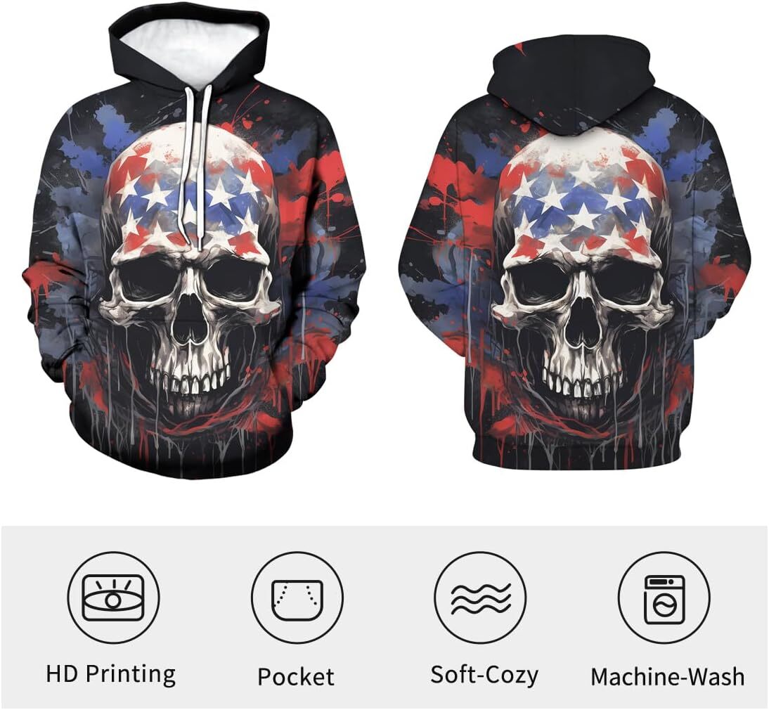 Hoodie for Mens American Flag Skull Cool Graphic Hoodie 3D Skeleton Print Hooded Sweatshirts,Graphic Hoodies sweatshirt Warm and casual