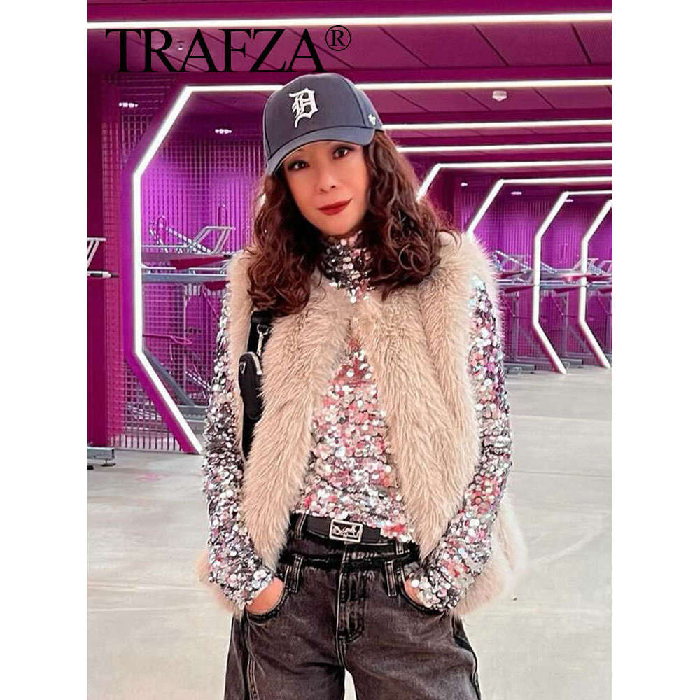 TRAFZA Autumn Women Faux Fur Soft Vest Coat Vintage Solid O Neck Waistcoats Female 2024 Fashion Y2k High Street Outerwear Top