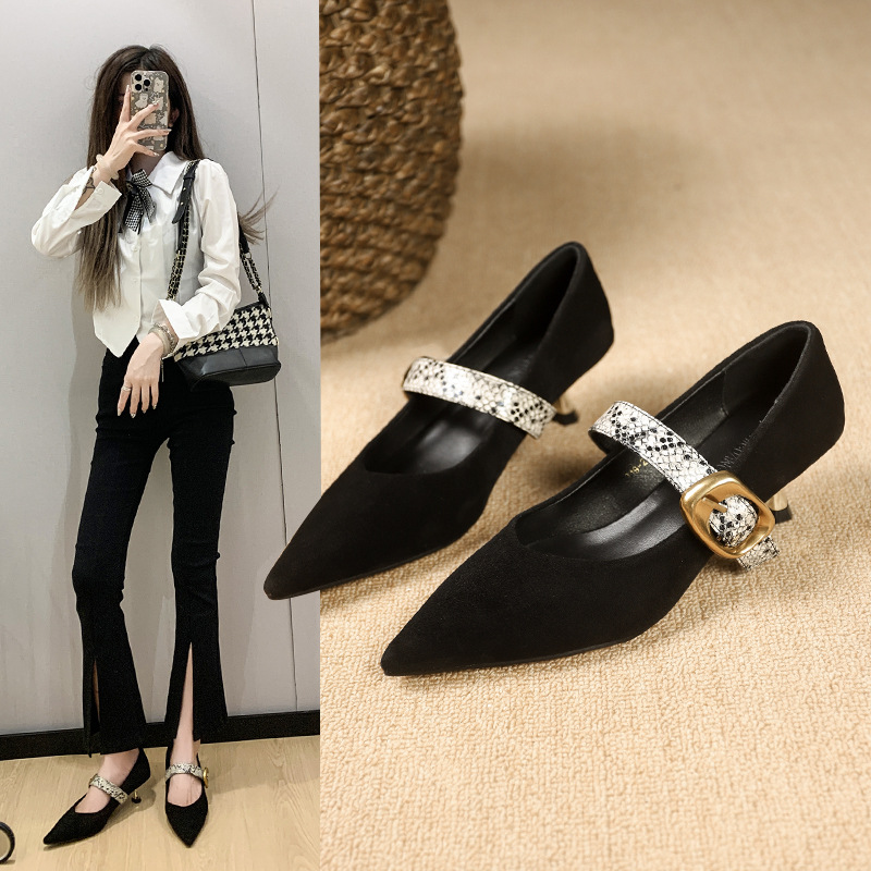 Women Fashion High Heel:France Gentle Style Slim Versatile Fashionable Pointed Toe Straight Strap,Black,Free shipping