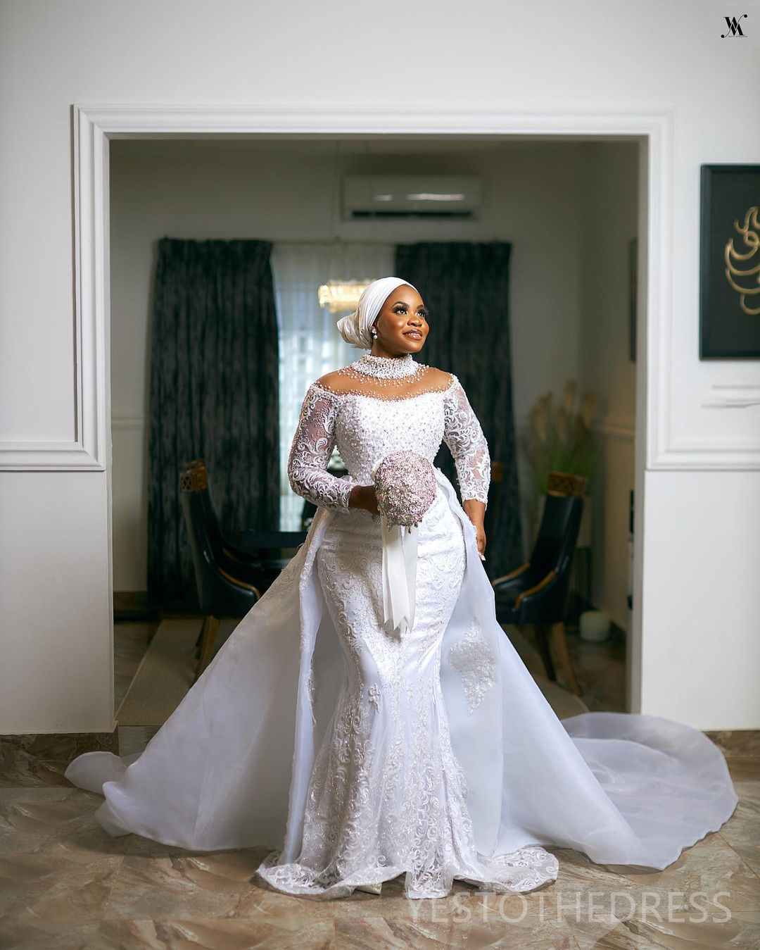 2025 Plus Size Arabic African Wedding Dress For Bride Bridal Gowns Detachable Train Mermaid Pearls Beaded Lace High Neck Long Sleeves Wedding Gowns Fo