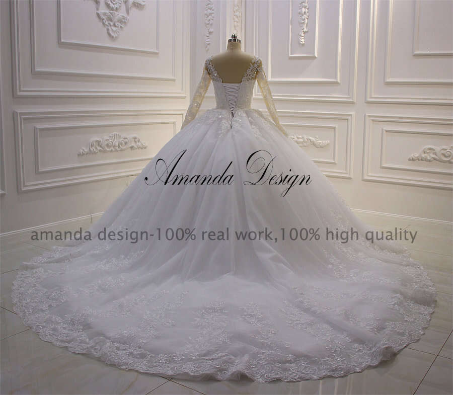 Amanda Design vestido novia playa Long Sleeve Lace Appliqued Wedding Gown for Bride