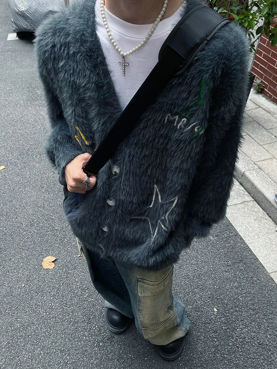 REDDACHiC Men Embroidery Star Mohair Cardigan Sweater Vintage Y2k Vneck Buttoned Long Sleeves Knit Jacket Casual Winter Clothes 241024