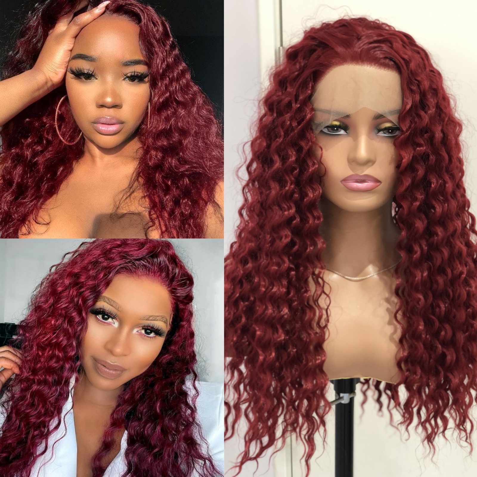 Red Deep Synthetic Front Wig Glueless Afro Kinky Curly Bury Colored Hair Lace Frontal Wigs for Women Party