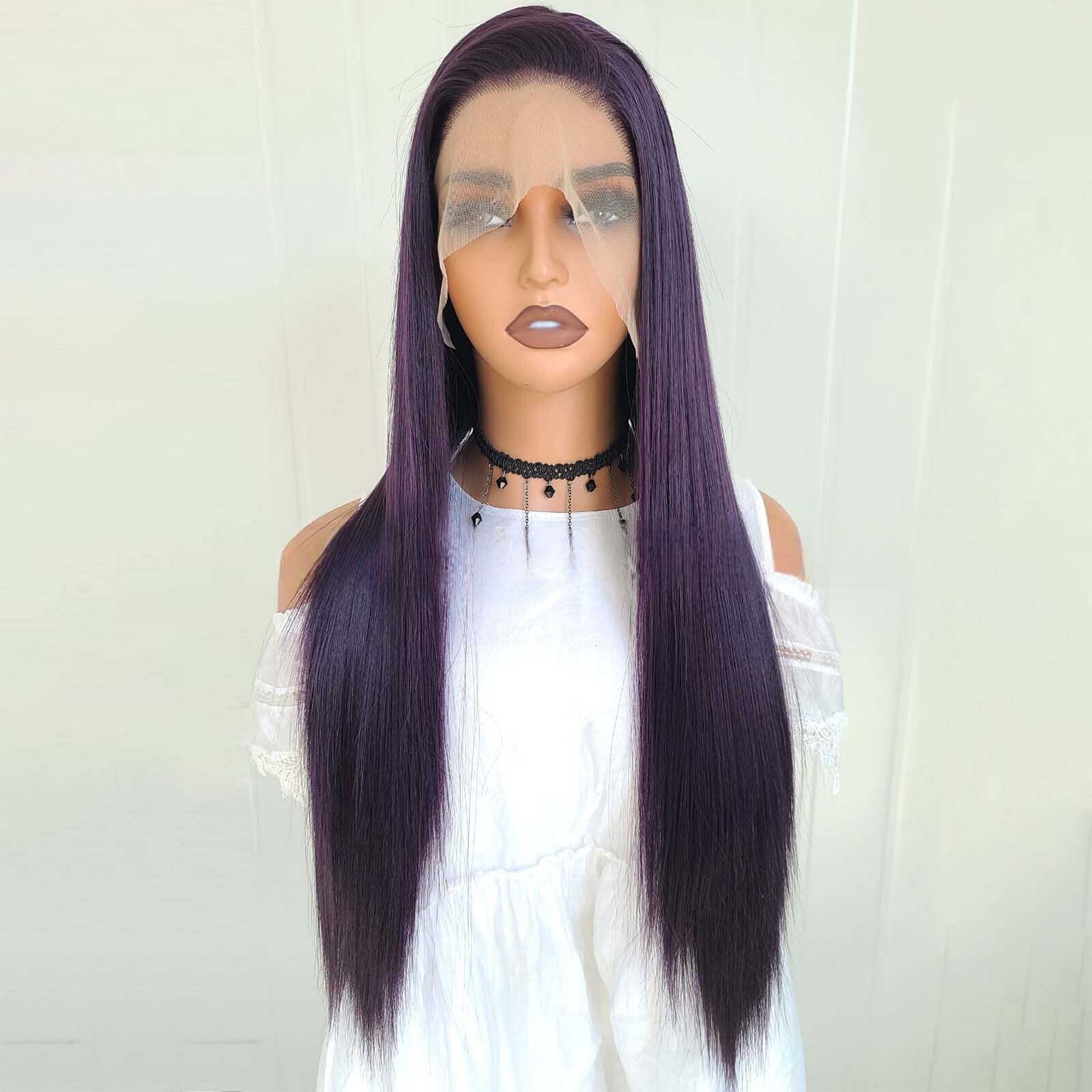 Long Straight Synthetic Lace Front Wig Glueless Ready to Wear Dark Purple Hair Frontal Wigs for Women Party Cosplay