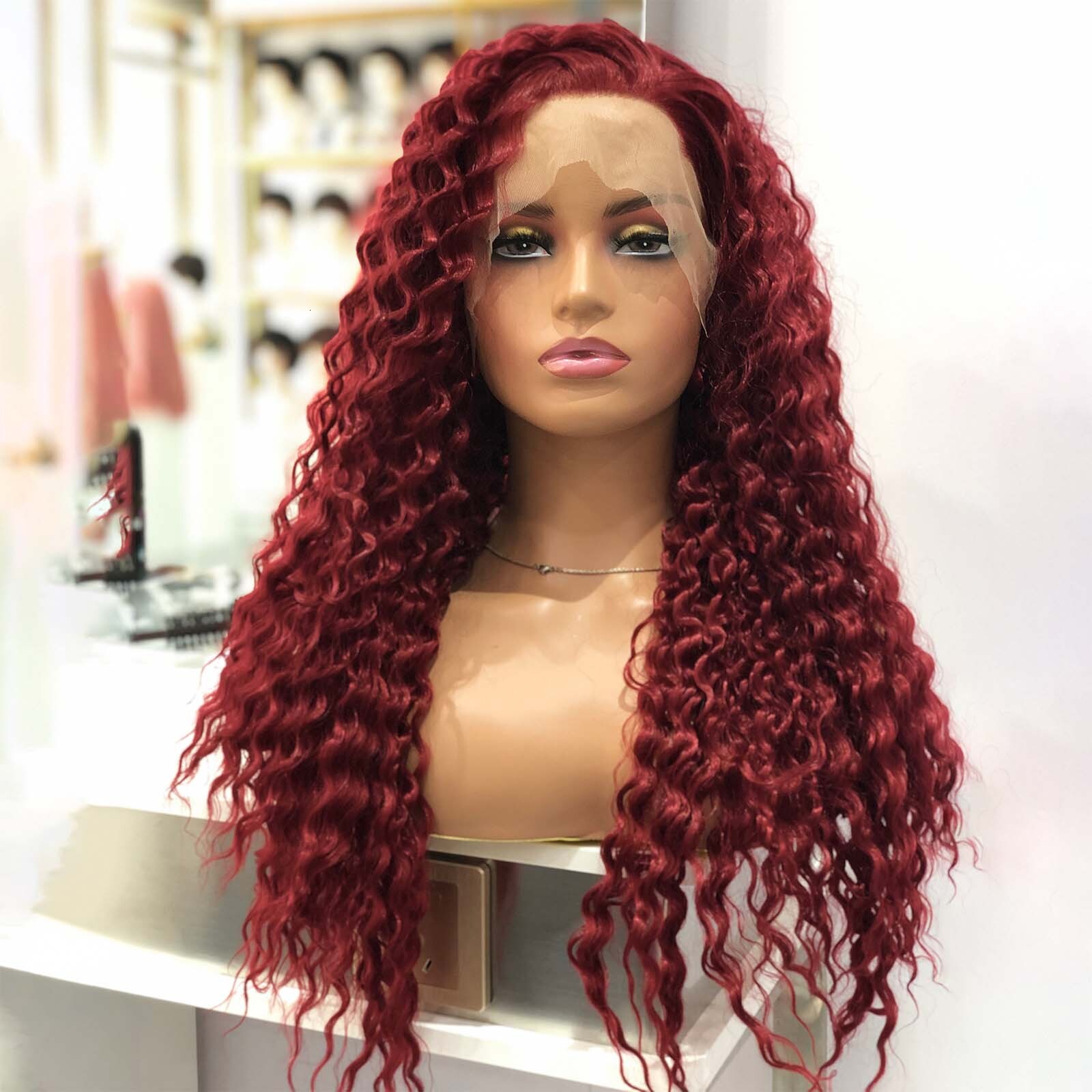 Red Deep Synthetic Front Wig Glueless Afro Kinky Curly Bury Colored Hair Lace Frontal Wigs for Women Party