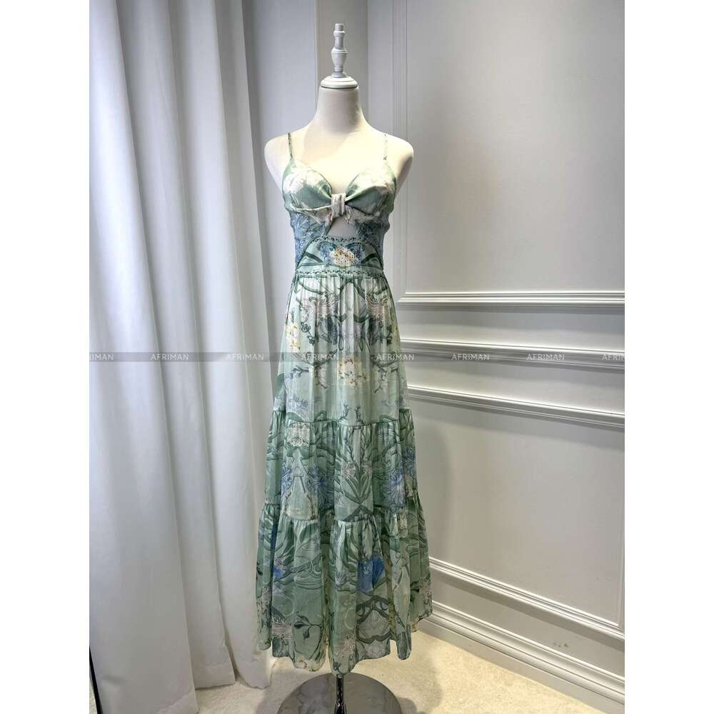 2024 New V Neck Crystal Beaded Sexy Cross Strapless Green Wer Print Maxi Long Silk Sg Dress