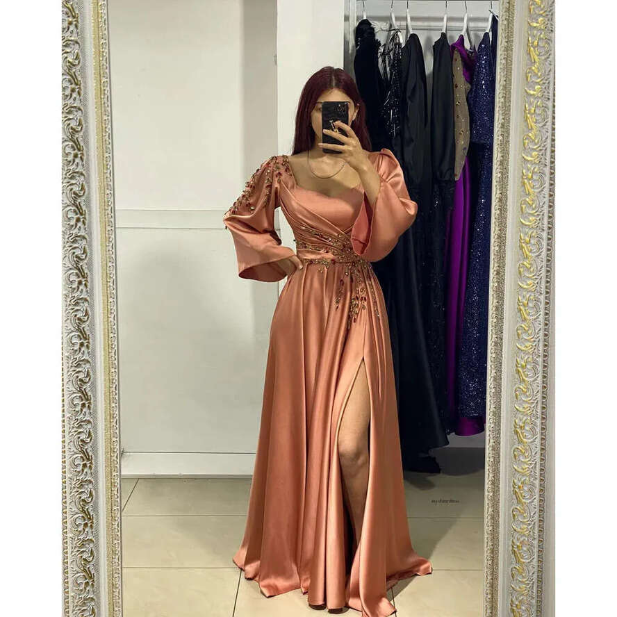 Coral Orange Muslim Evening Elegant A E Square Neck Long Sleeves Turkish Kaftan Dress Peplum Pleats Waist Satin Split Formal Dresses For Women 0515
