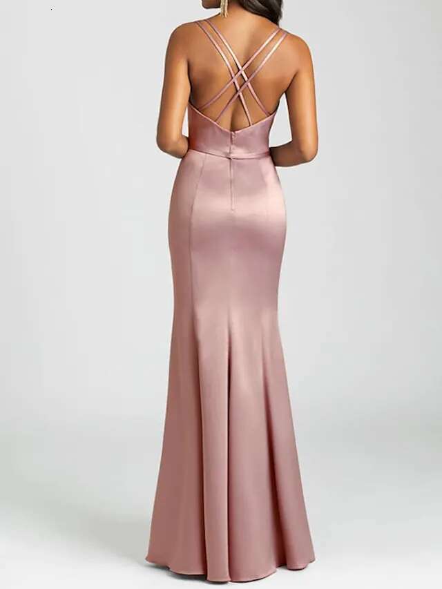 Long Mermaid Pink Evening V Neck Spaghetti Sleeveless Elegant or Length Satin Prom Dress with Pleats for Women