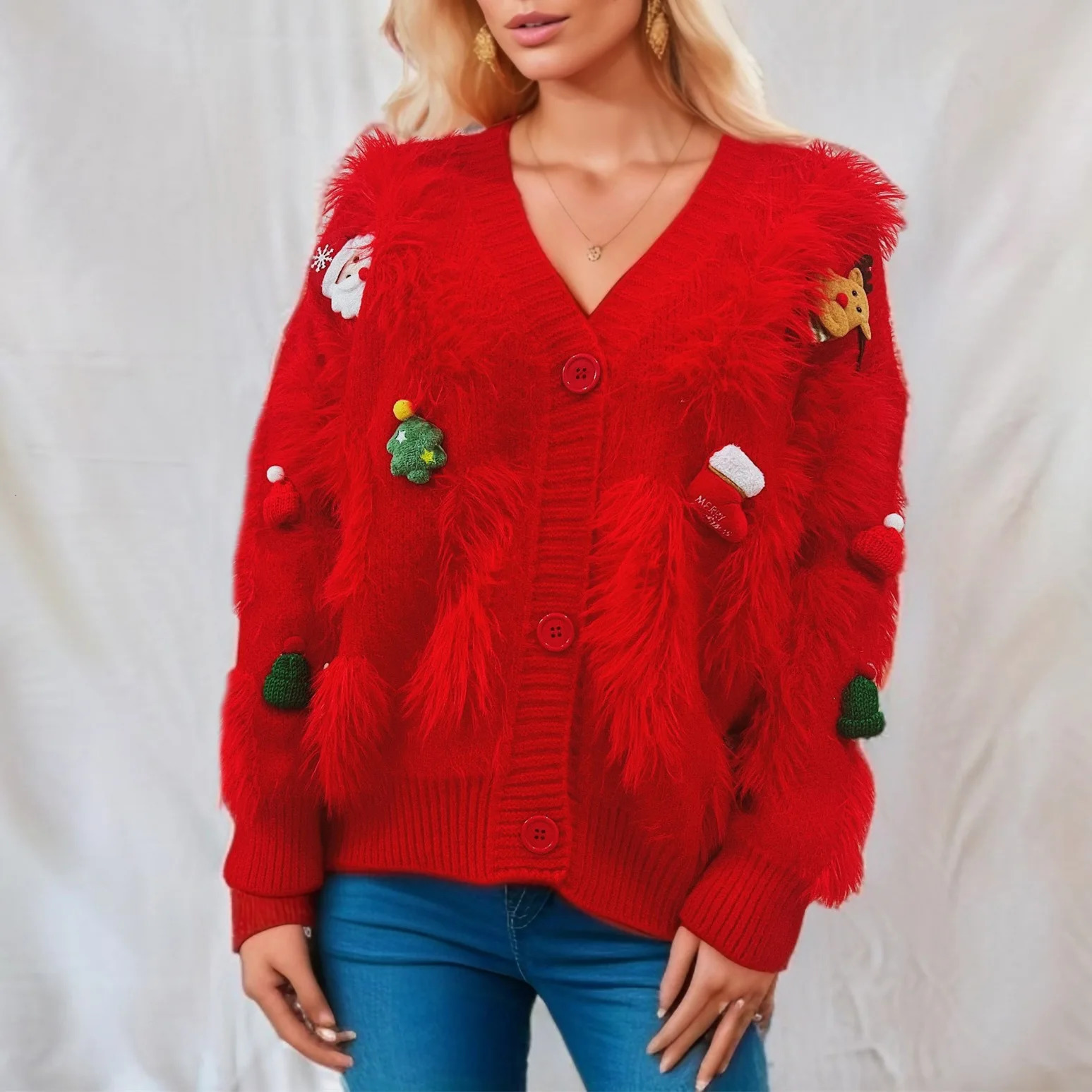 Sweet Year Christmas faux mink cute decoration single chest cardigan jacket autumn winter festival Versatile Top 241025