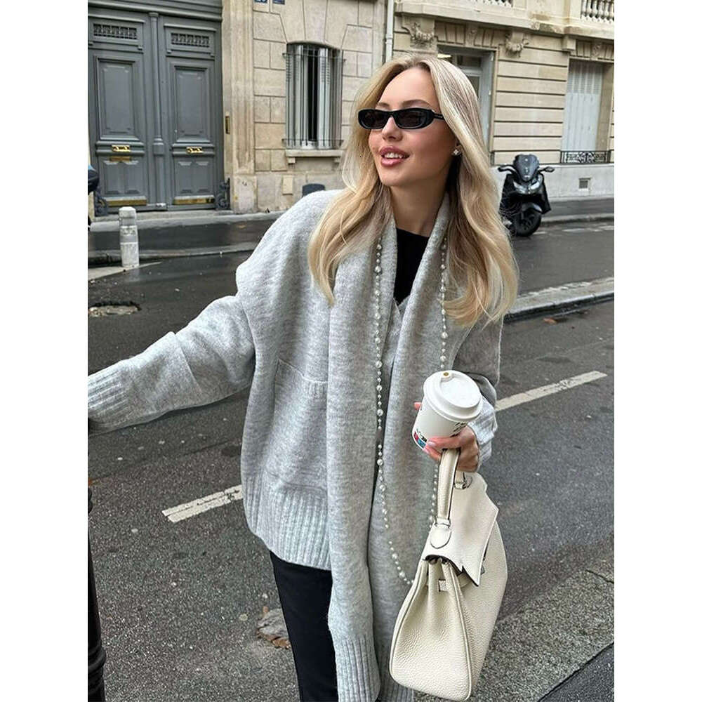 Elegant Solid Scarf Collar Knitted Cardigan Women Chic Full Sleeve With Pocket Loose Sweater New Autumn Lady Casual Street Wear
