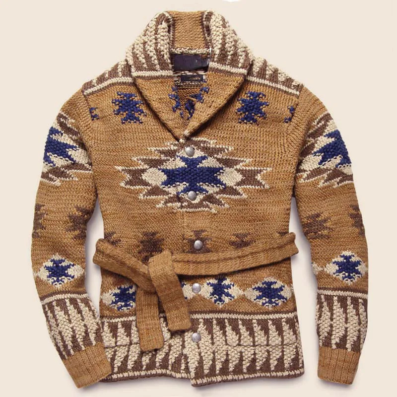 Europe and The United States Men Heavy Jacquard Fashion Sweater Autumn Winter Retro Casual Thick Cardigan Knit Coat 241024