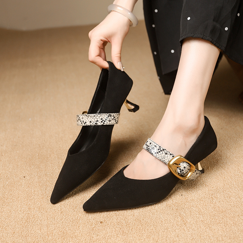 Women Fashion High Heel:France Gentle Style Slim Versatile Fashionable Pointed Toe Straight Strap,Black,Free shipping