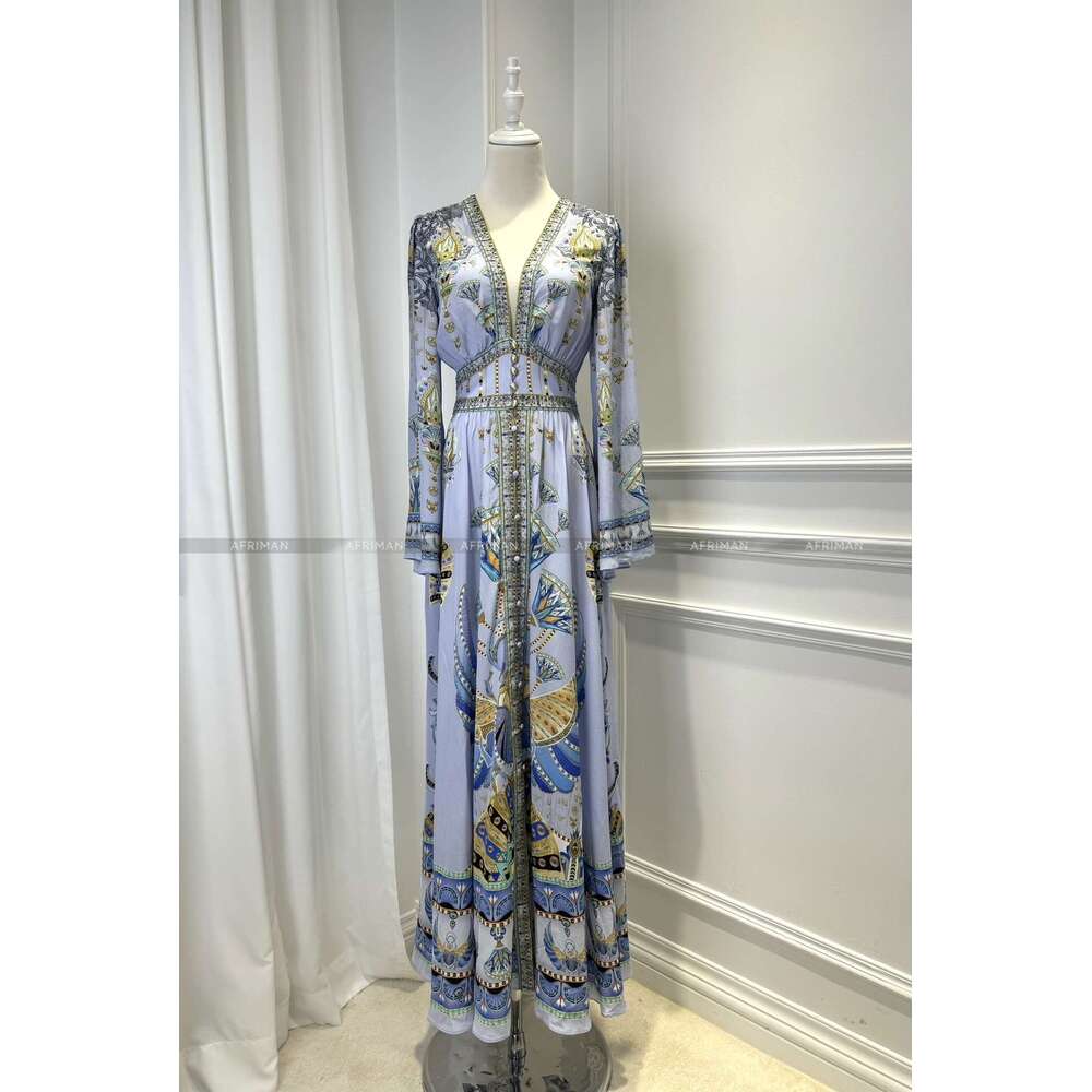 Women V Neck Crystal Beaded Flare Sleeve Elastic Waist Retro Blue Print 100% Silk Long Dress