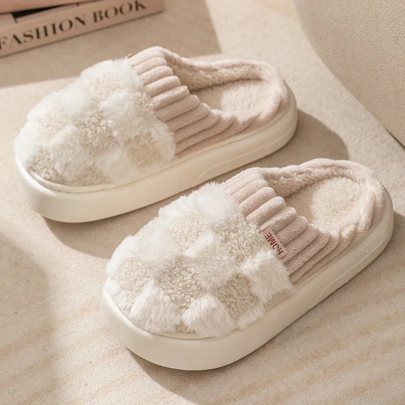 Autum Winter Plush Warm Women Cotton Slippers Casual Indoor Home Toe Wrap Cartoon Slides Men Anti Slip Thick Platform Soft Shoes 241025