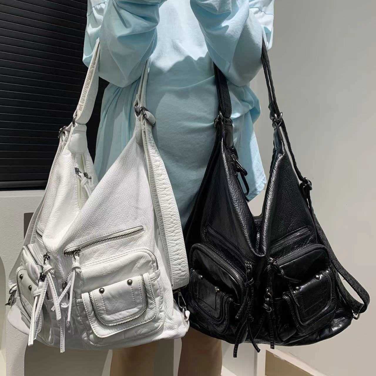 Ladies' fashionable spicy girl backpack with large capacity multiple pockets, washed worn multi-functional shoulder bag 241015