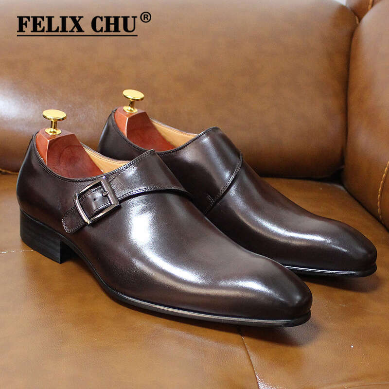 Brand Designer Mens Dress Classic Genuine Leather Buckle Monk Strap Dark Brown Black Office Business Formal Shoes for Men 241108