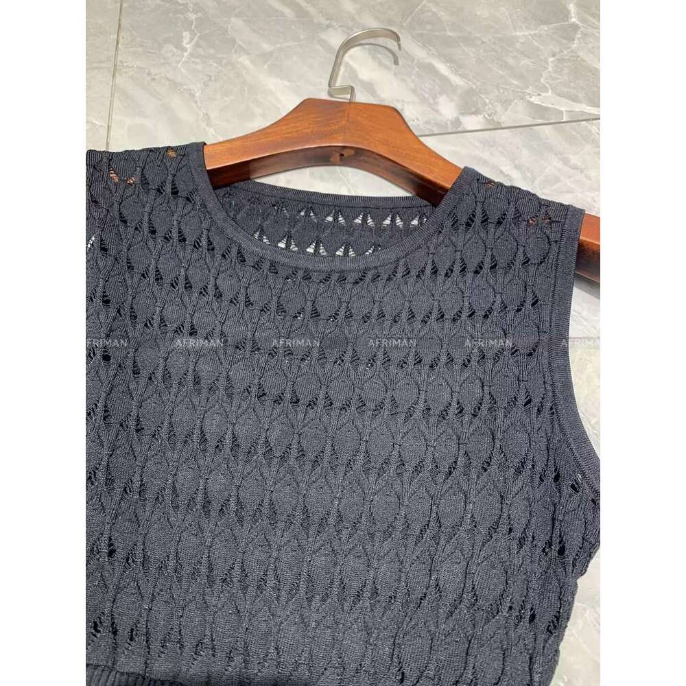 Women Round Neck Sleeveless Mesh Woven Knit Maxi Dress
