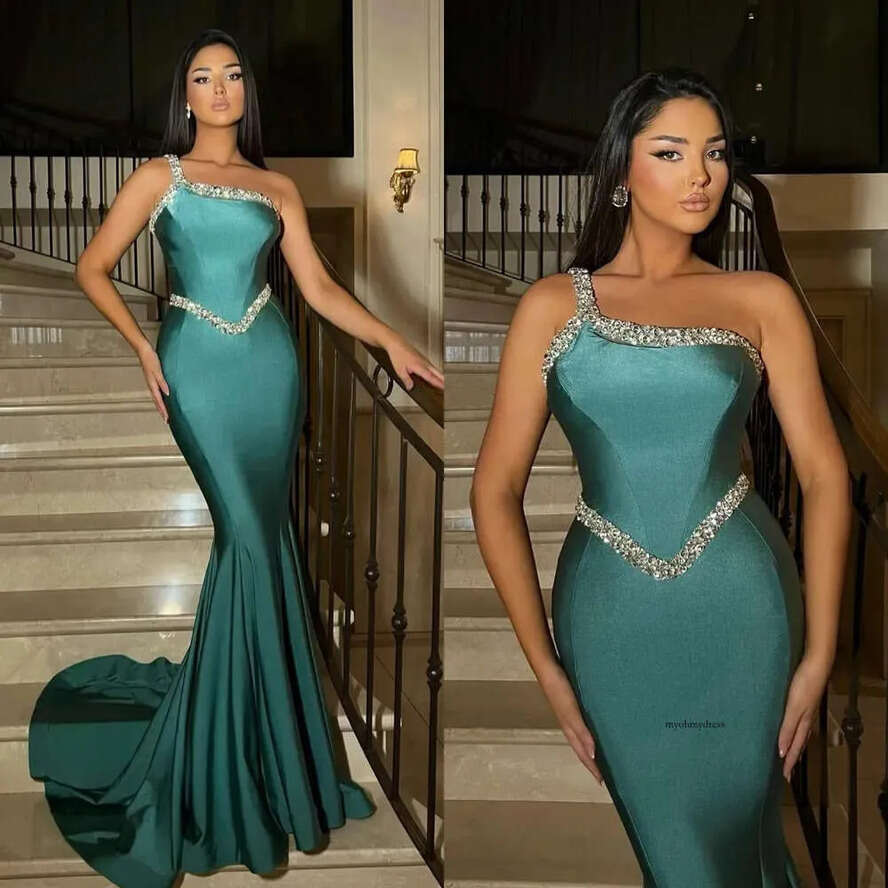 Sexy Green Mermaid Prom Dress Rhies Straps Formal Evening Elegant Ruffles Party Dresses For Special Ocns Promdress 0515