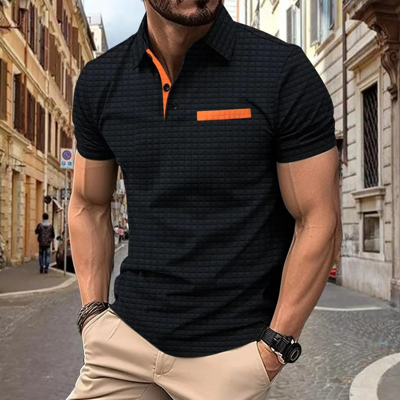 2024 Summer Fashion Mens Polo Shirt Lapel ButtonUp Jacquard Plaid Sportcasual Breathable Short Sleeve Tees 241024