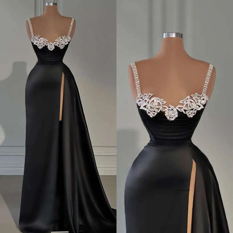 Black Sheath Evening Gown Beaded Straps Crystal Neck Party Prom Dresses Split Formal Long Dress For Special Ocn 0515